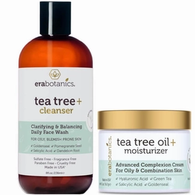 Era Organics Tea Tree Cream and Cleanser - Purifying Tea Tree Oil Face Wash & Moisturizer for Balancing Oily, Blemish-Prone Skin – Sulfate-Free, Fragrance Free, Made in USA