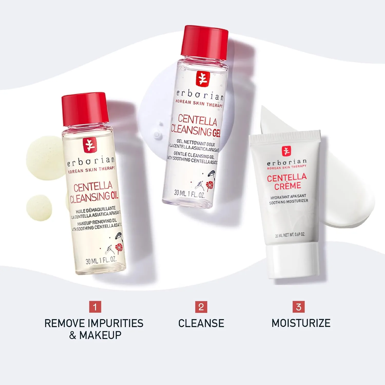Erborian Centella Routine Travel Kit with Facial Cleansing Oil Makeup Remover (1 fl oz), Facial Cleansing Gel (1 fl oz) & Face Moisturizer Cream (20 ml) - Skin Care for Hydrated & Fresh-Looking Skin