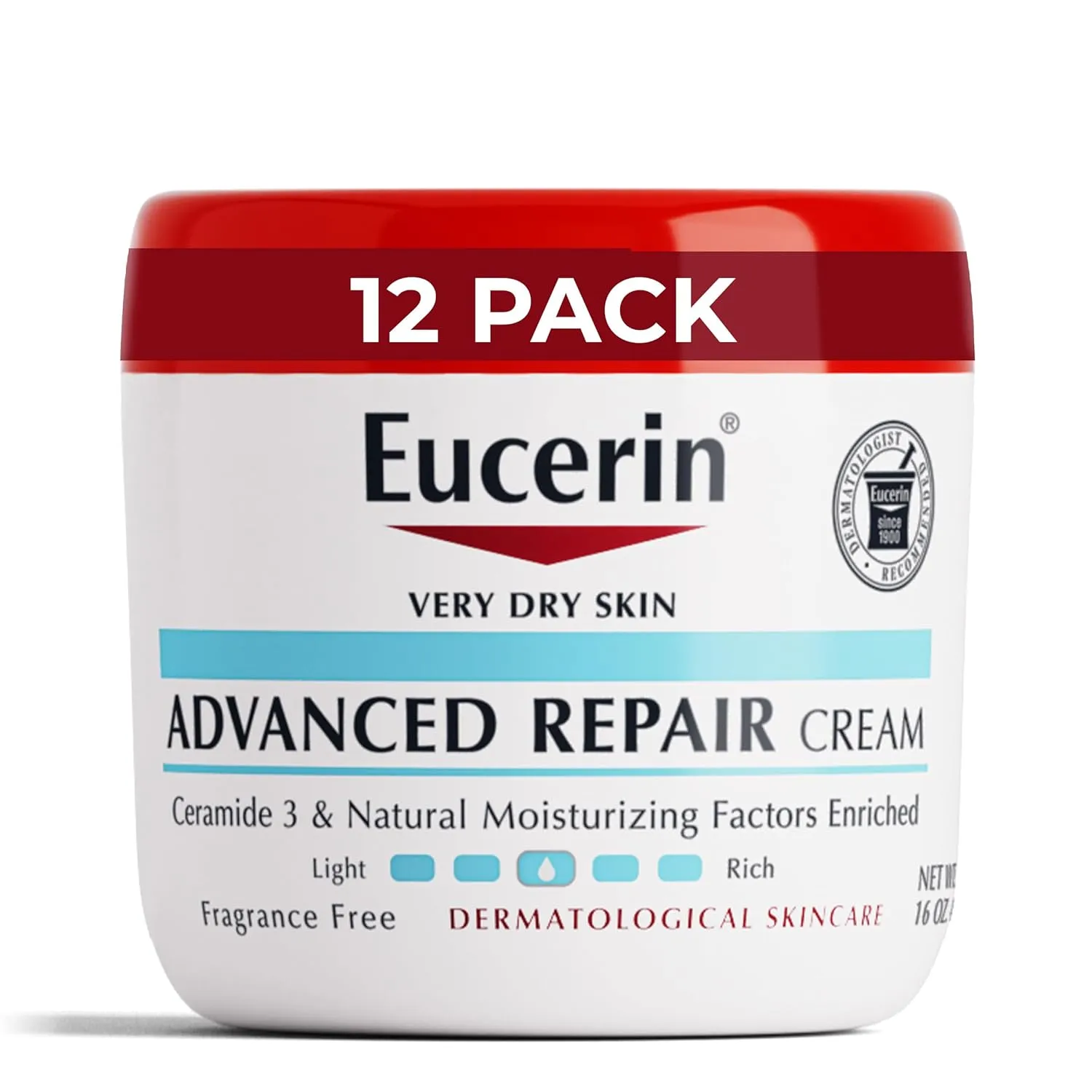 Eucerin Advanced Repair Body Cream for Dry Skin, Fragrance Free Body Moisturizer, 16 Oz Jar, Pack of 12