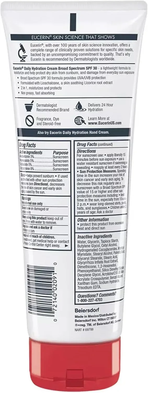 Eucerin Daily Hydration Broad Spectrum SPF 30 Sunscreen Body Cream for Dry Skin, 8 Oz Tube (Pack of 2)