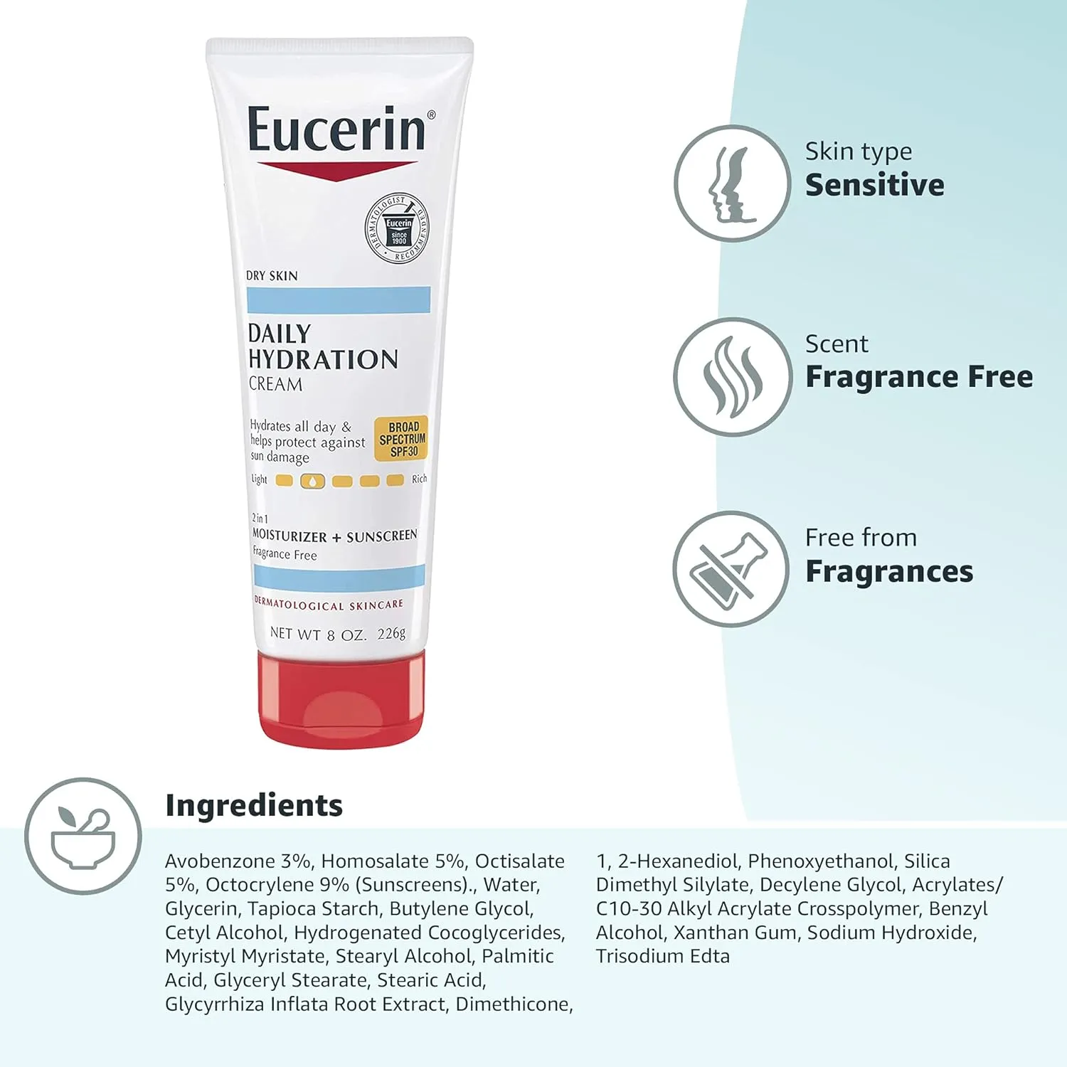 Eucerin Daily Hydration Broad Spectrum SPF 30 Sunscreen Body Cream for Dry Skin, 8 Oz Tube (Pack of 2)