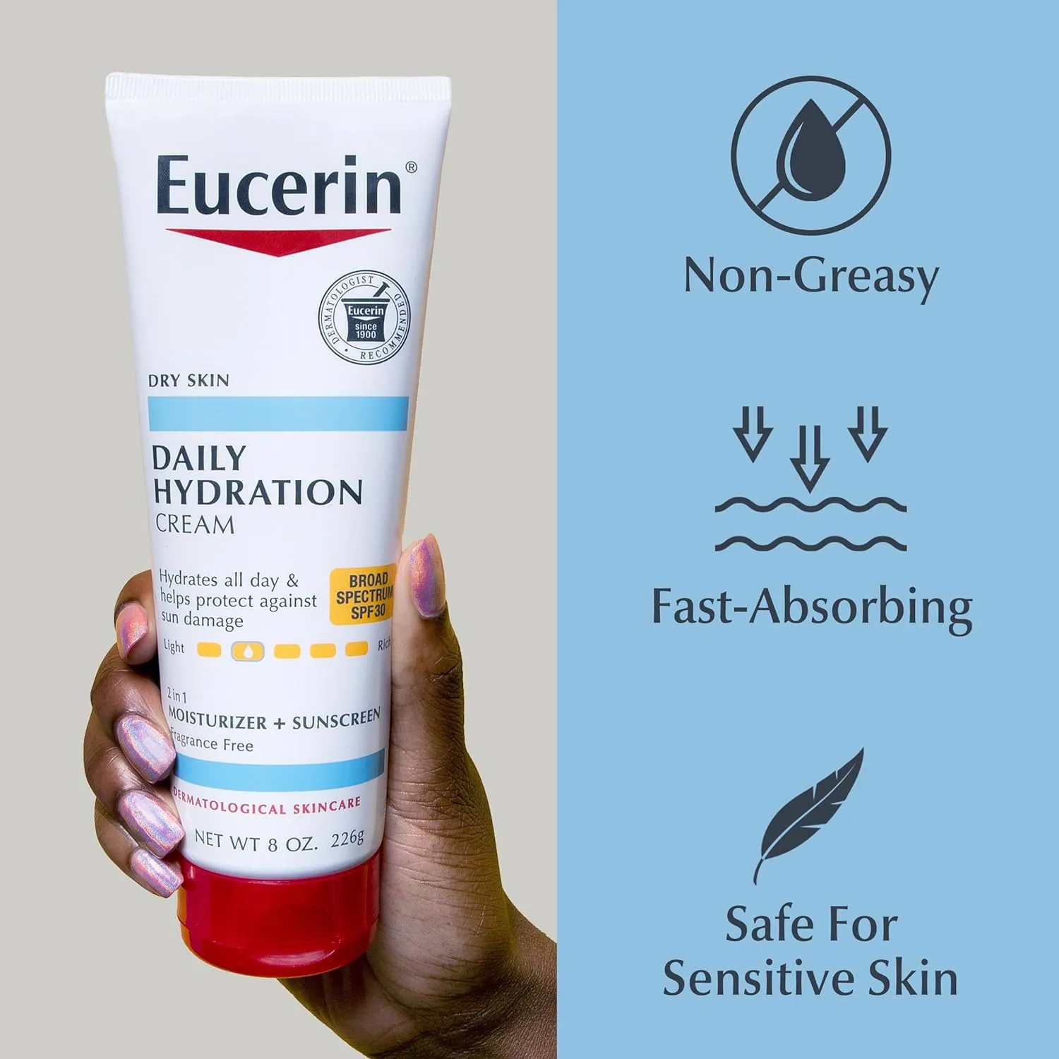 Eucerin Daily Hydration Broad Spectrum SPF 30 Sunscreen Body Cream for Dry Skin, 8 Oz Tube (Pack of 2)