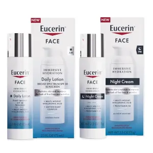 Eucerin Face Immersive Hydration Skin Care Set, Daily Face Lotion with SPF 30, 2.5 Fl Oz Bottle   Night Cream with Hyaluronic Acid, 2.5 Oz Bottle