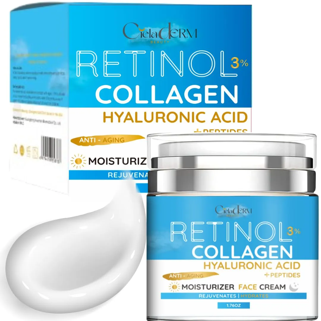 Face Moisturizer Retinol Cream with Collagen and Hyaluronic Acid | Day & Night Anti-Aging and Anti-Wrinkle Skin Barrier Hydration Cream for All Skin Types