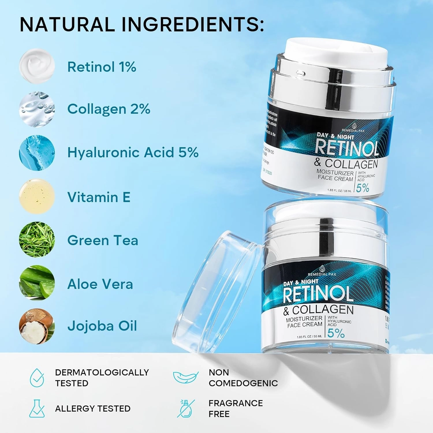 Face Moisturizer Retinol Cream, anti Aging Neck Firming Cream, Collagen Day & Night Face Cream with Hyaluronic Acid for Women & Men, 1.85 Fl Oz