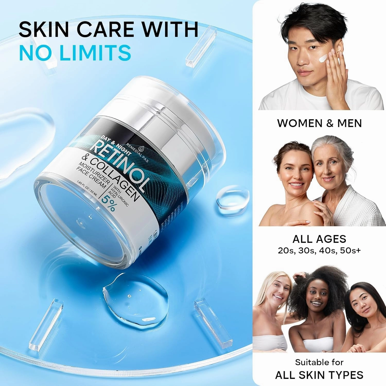 Face Moisturizer Retinol Cream, anti Aging Neck Firming Cream, Collagen Day & Night Face Cream with Hyaluronic Acid for Women & Men, 1.85 Fl Oz