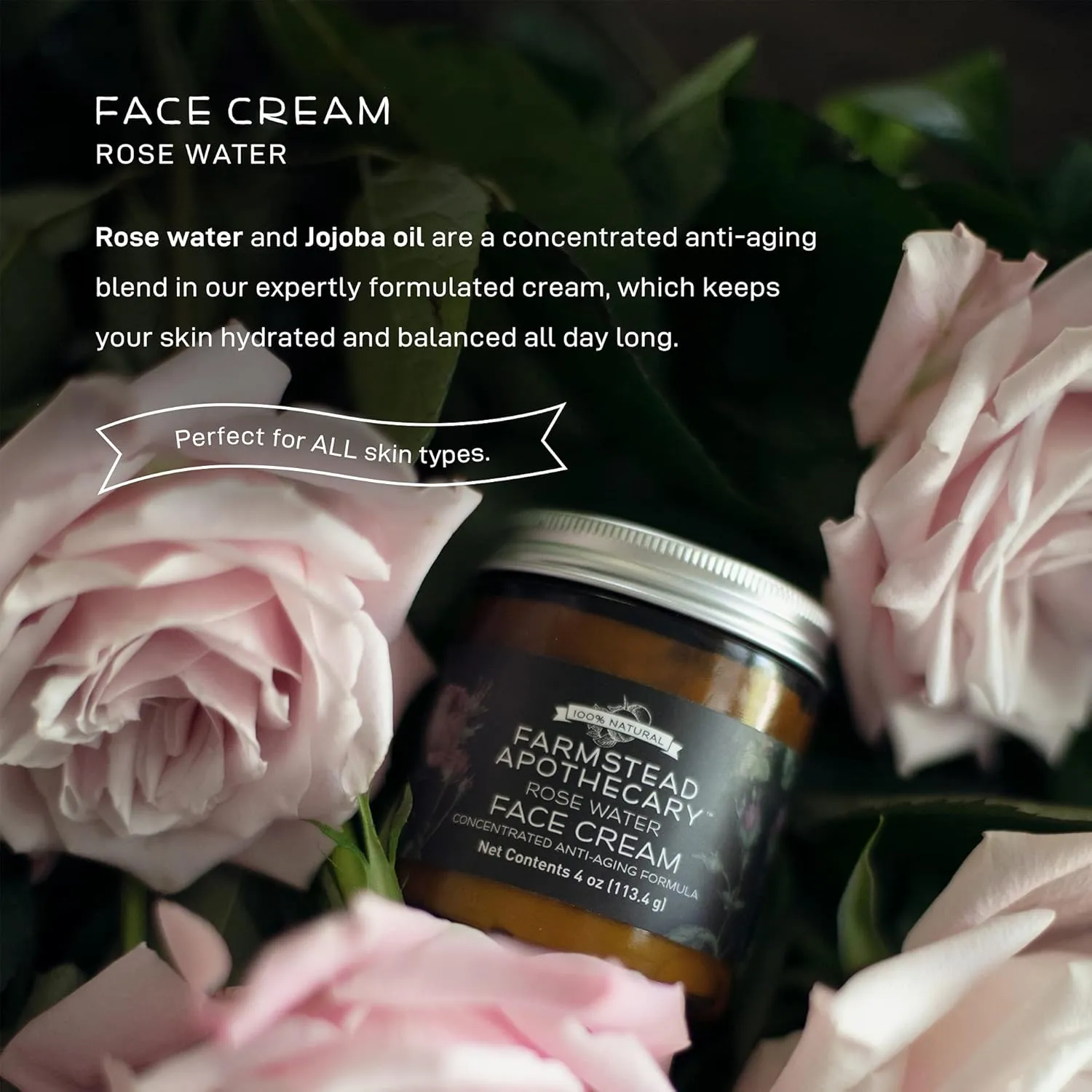 Farmstead Apothecary 100% Natural Anti-Aging Rose Water Face Cream 4 oz
