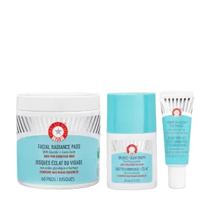 First Aid Beauty Vacation Glow Bundle: Exfoliate, Hydrate, and Brighten Skin with Facial Radiance Pads (60 ct), Bronze   Glow Drops with Niacinamide (0.5 oz), Brighten   Glow Eye Cream (1.7 oz)