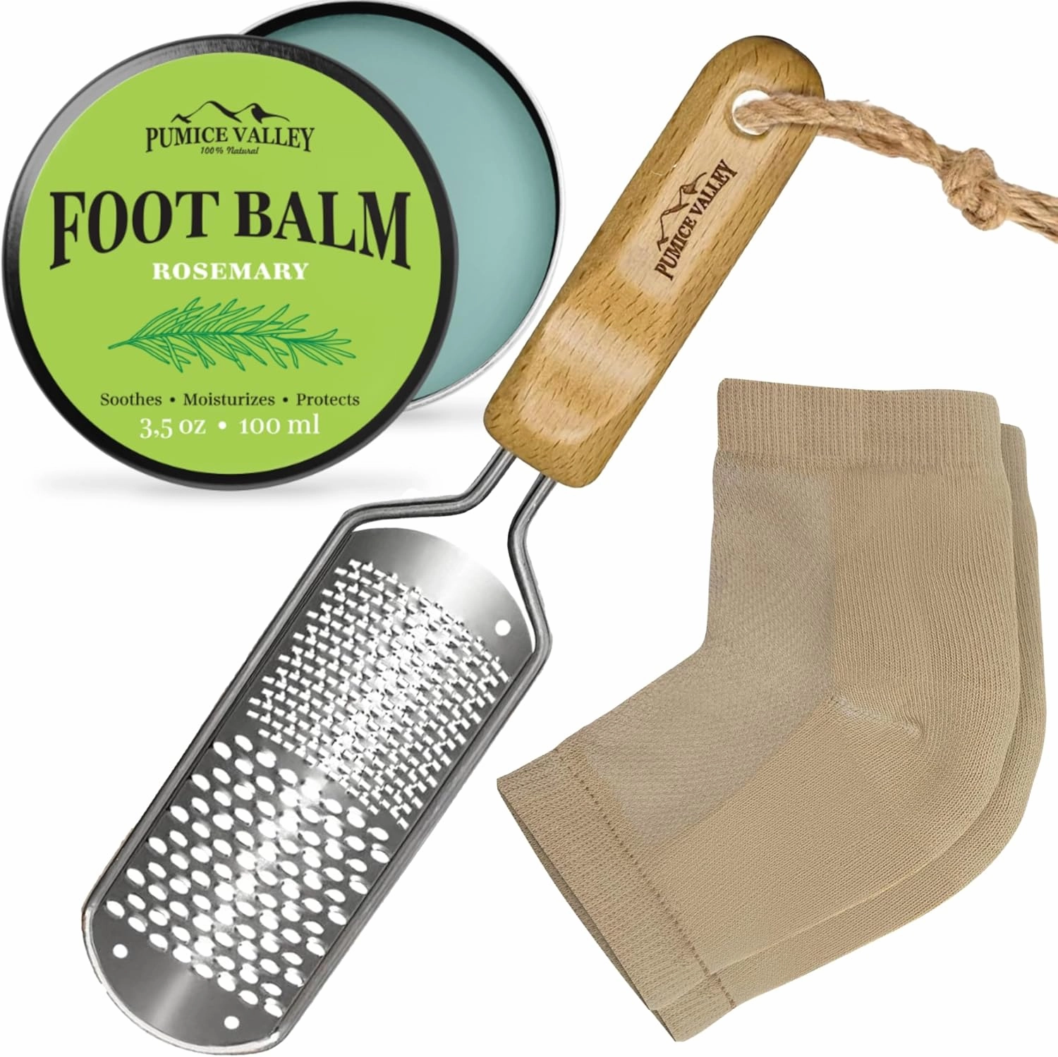 Foot Rasp Callus Remover -Moisturizing Heel Socks with Soft Gel Lining - Dry Cracked Feet Treatment - Pumice Valley Foot Balm Cream for Dry Cracked Heels and Feet