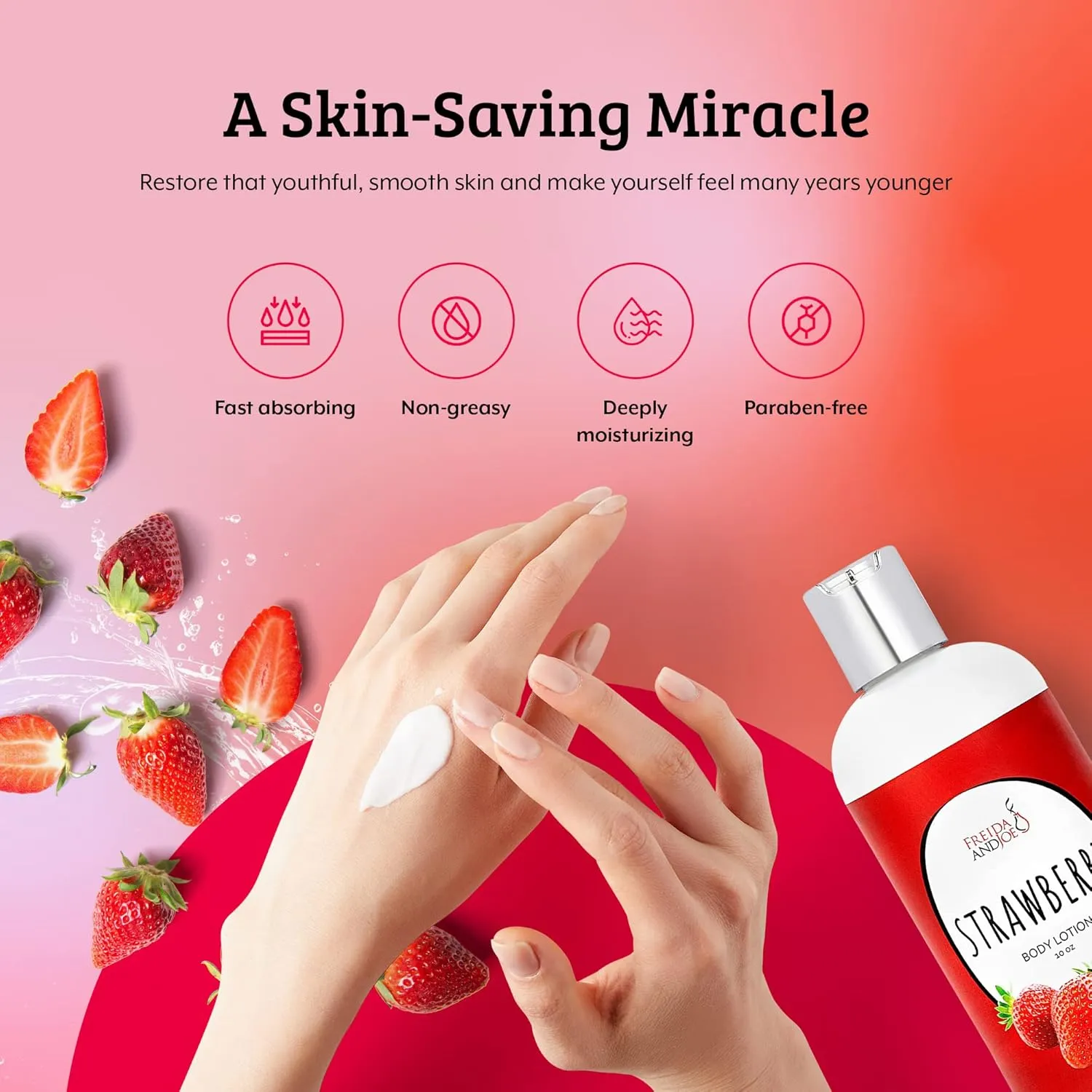 Freida and Joe Scented Body Lotion For Women, Deep Moisturizing Hand Cream, Womens Luxury Stocking Stuffers & Fragrance Gifts That Smell Good, 10oz (Strawberry)