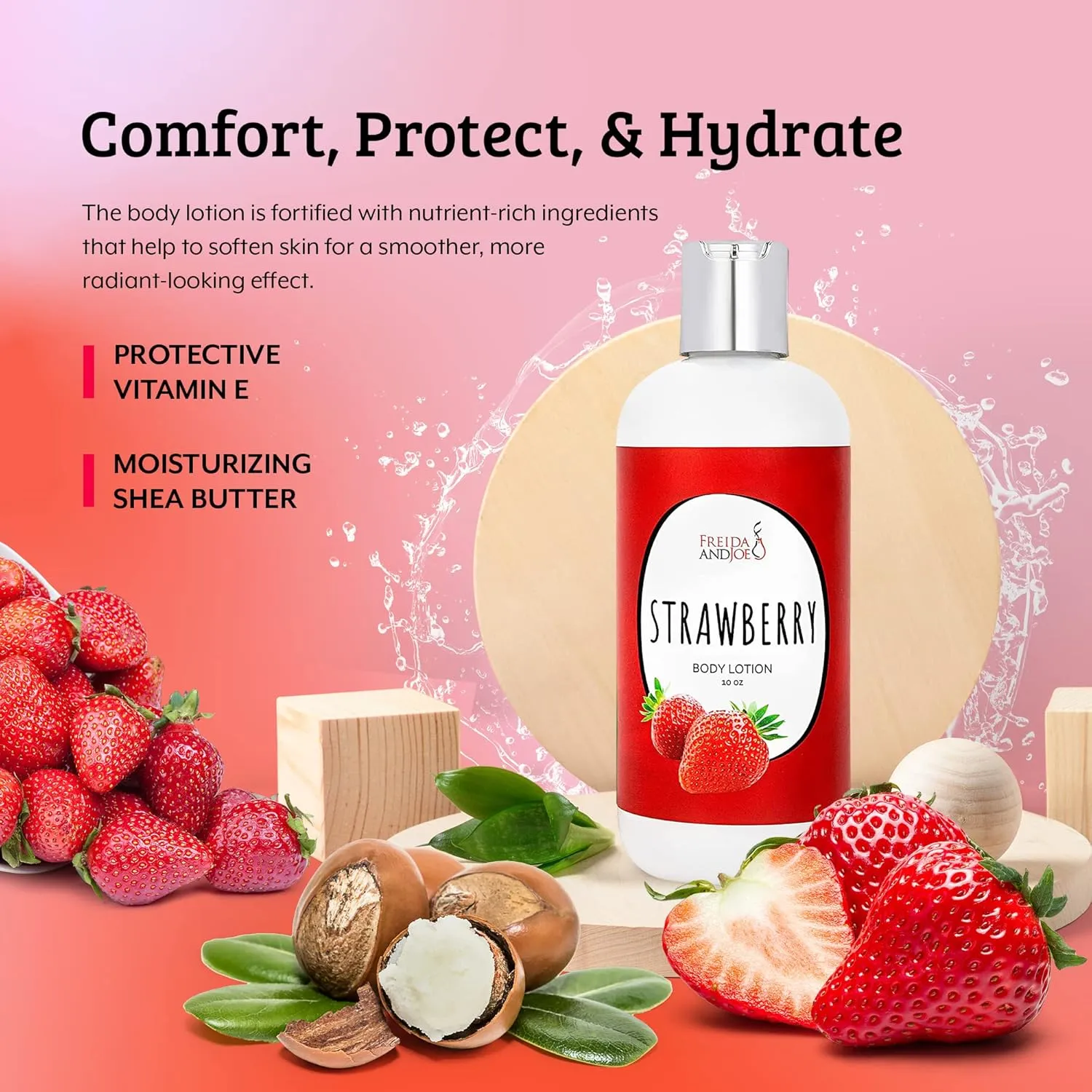 Freida and Joe Scented Body Lotion For Women, Deep Moisturizing Hand Cream, Womens Luxury Stocking Stuffers & Fragrance Gifts That Smell Good, 10oz (Strawberry)