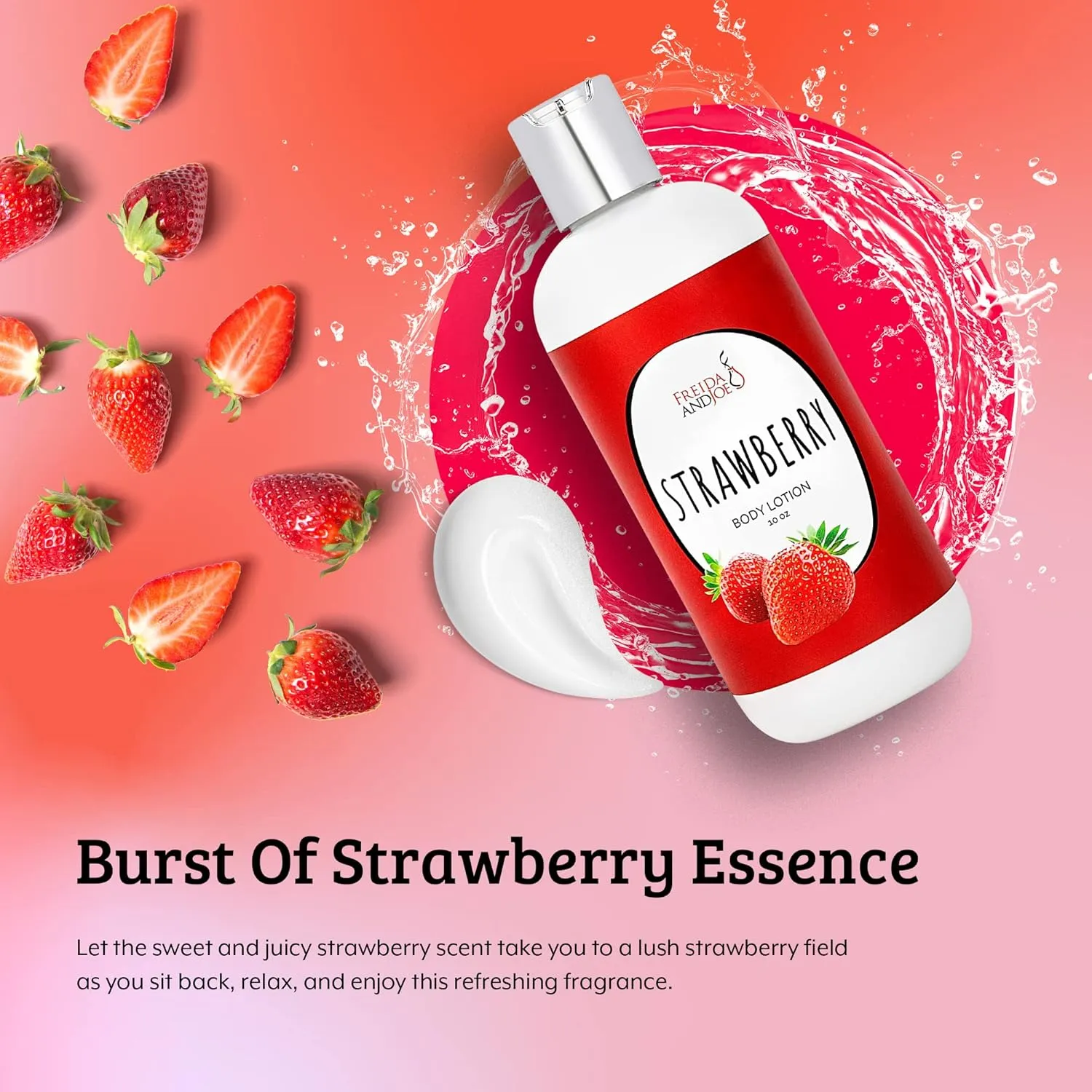 Freida and Joe Scented Body Lotion For Women, Deep Moisturizing Hand Cream, Womens Luxury Stocking Stuffers & Fragrance Gifts That Smell Good, 10oz (Strawberry)