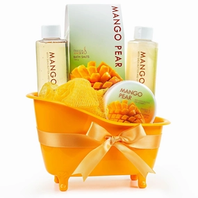 Freida and Joe Tropical Mango Pear Fragrance Spa Set for Women - Bath & Body Set in Stylish Orange Tub - Gift Ready with Shower Gel, Body Lotion, Bubble Bath, Bath Salts, and Bath Puff