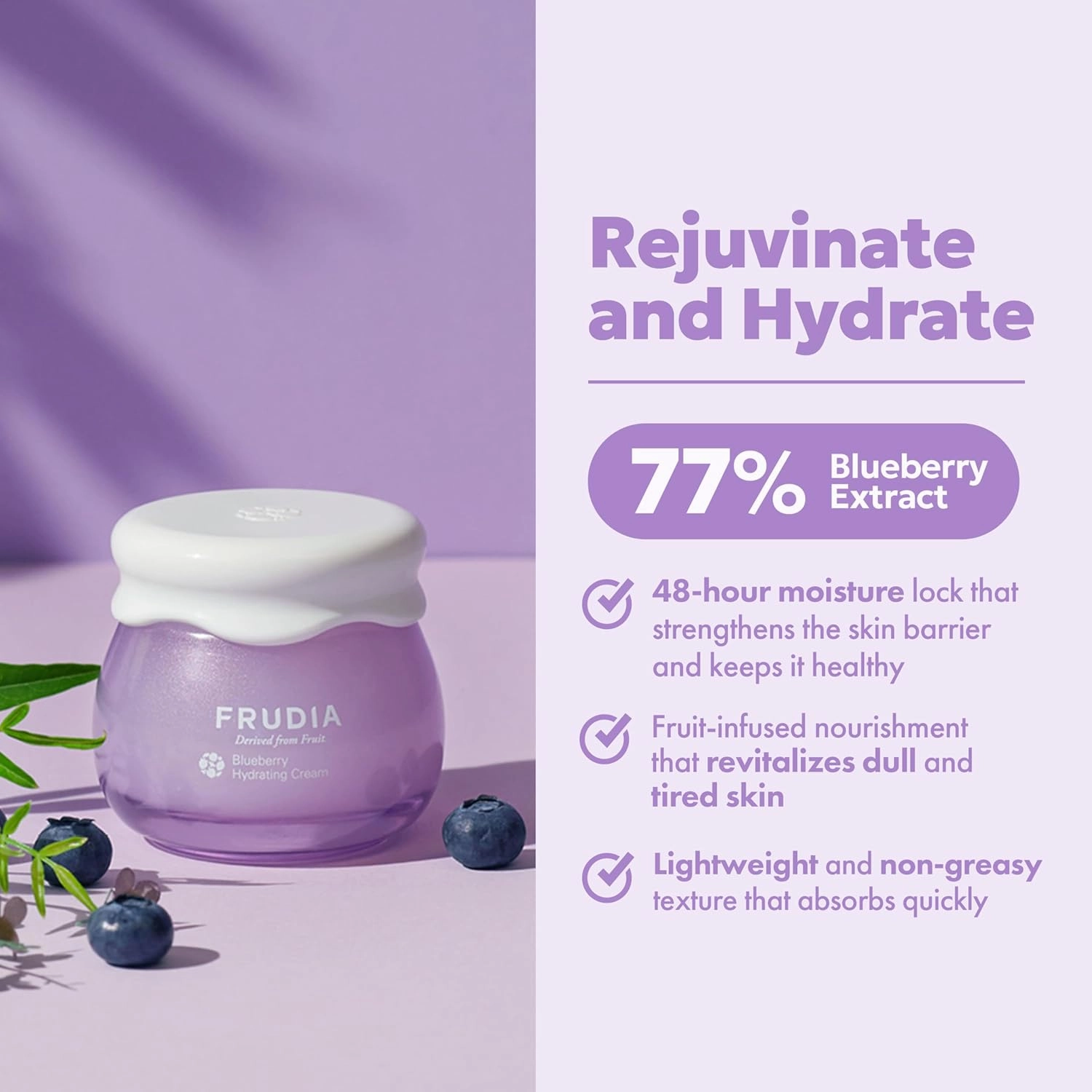 FRUDIA Blueberry Hydrating Face Cream, Vegan Korean Face Moisturizer w/77% Blueberry Extract, Panthenol & Fruit Seed Oils for Dry Skin (1.94 fl oz)