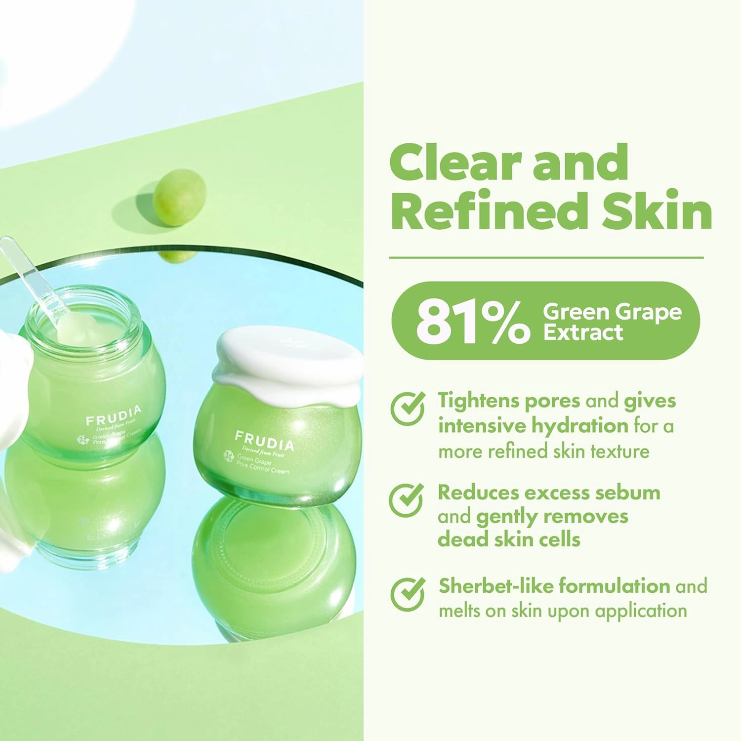 FRUDIA Green Grape Pore Control Face Cream, Vegan Korean Face Moisturizer w/81% Green Grape Extract, Tannin Pore Complex & Anti Sebum P for Pore Minimizing (1.94 fl oz)