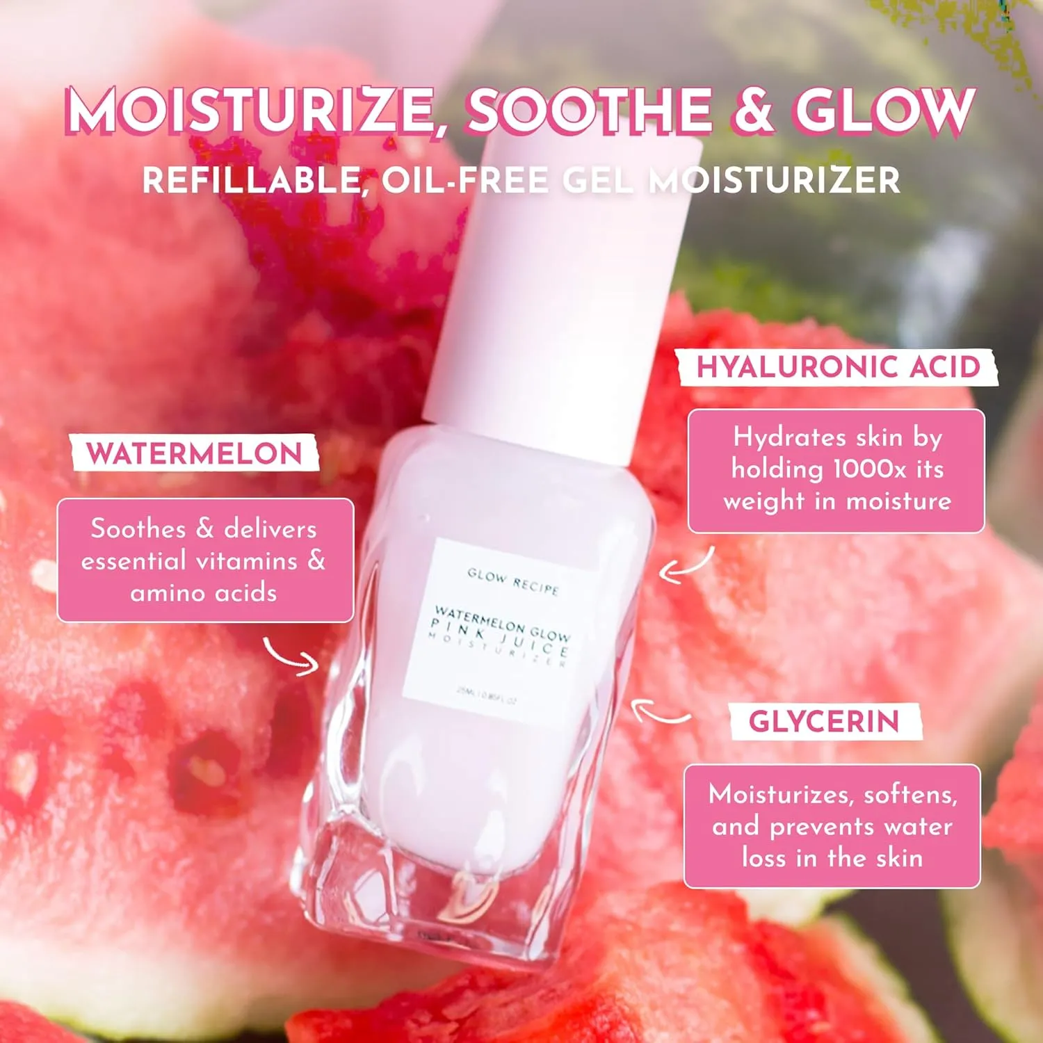 Glow Recipe Pink Juice Water Gel Face Moisturizer for Women, Men & Teens, Travel Size - Hydrating Hyaluronic Acid, Radiance Boosting, Oil-Free, Long-Lasting Korean Skin Care for Oily Skin (25ml)