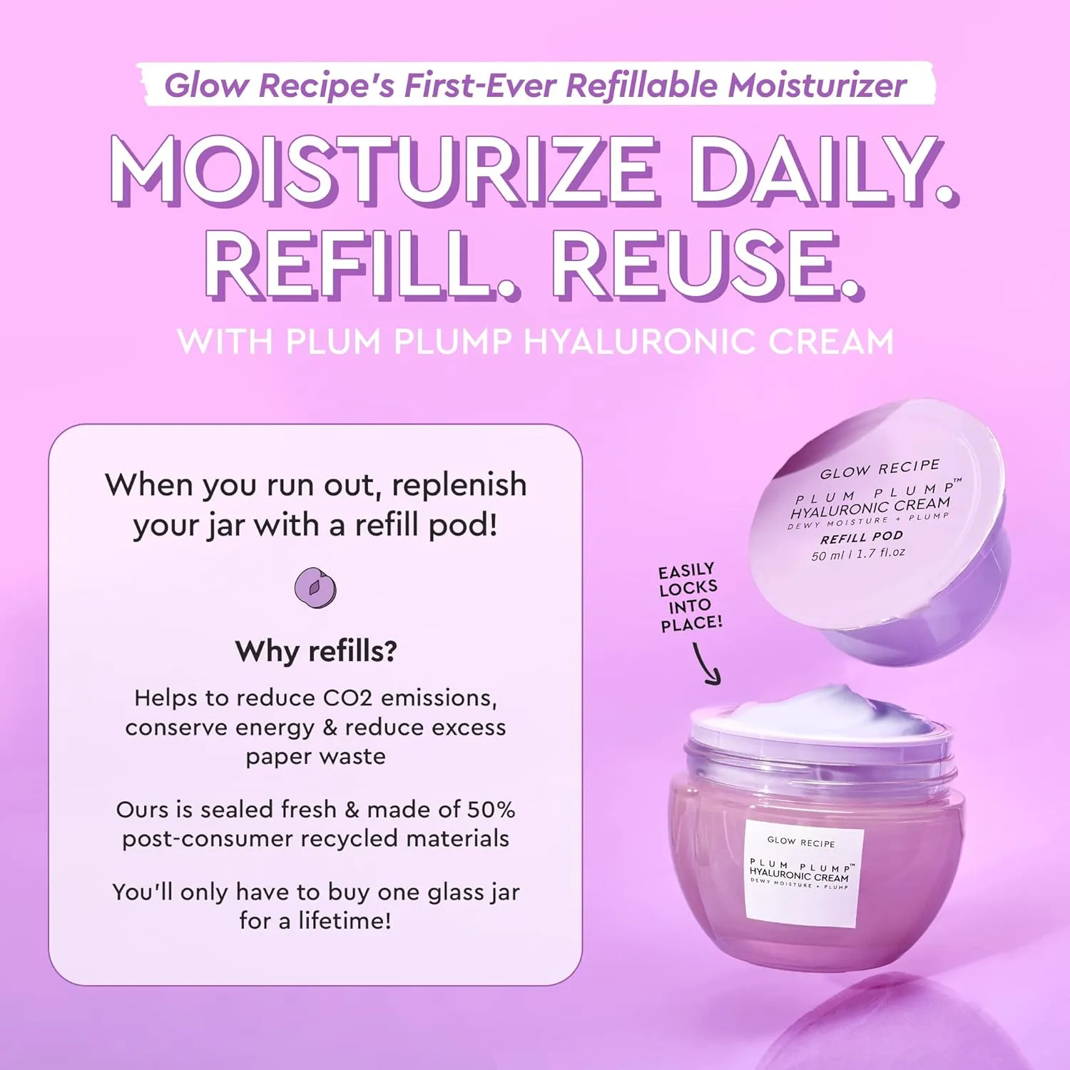 Glow Recipe Plum Plump Hyaluronic Acid Face Cream, Refill - Hydrating, Firming & Plumping Facial Moisturizer for Women & Men - Korean Skin Care with Polyglutamic Peptides for Dry Skin Wrinkles (50ml)