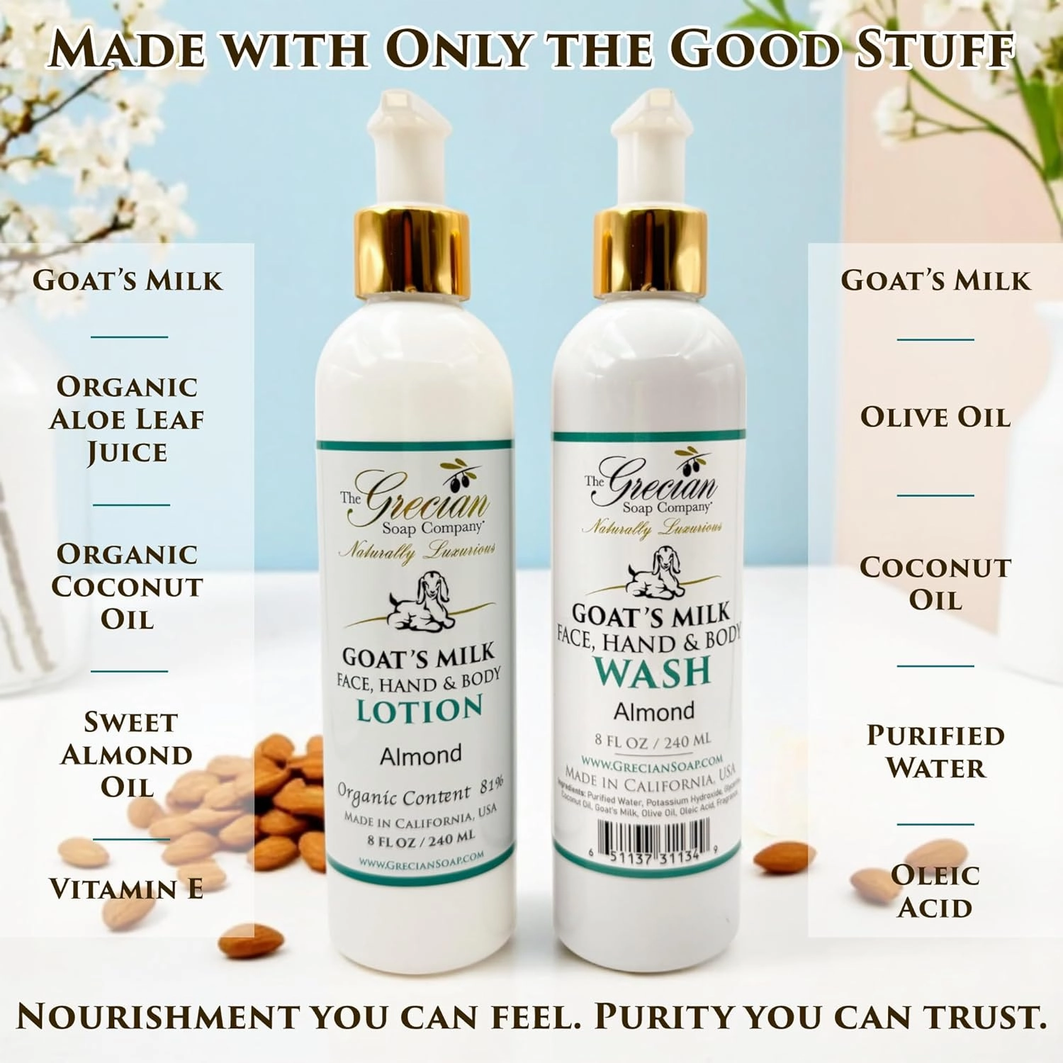 Goat Milk Lotion & Body Wash Set – Almond Scent, 8oz Each – Body Lotion & Face Wash, Moisturizing Skin Care Set for All Skin Types, Hydrating Skincare