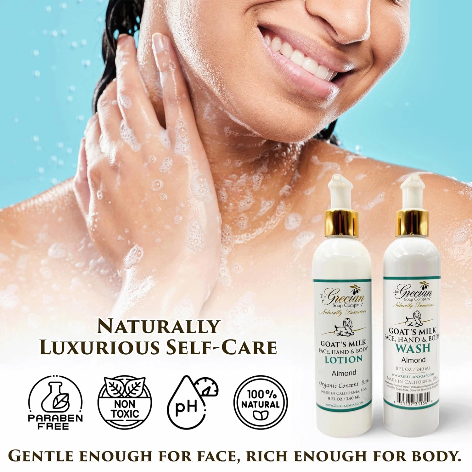 Goat Milk Lotion & Body Wash Set – Almond Scent, 8oz Each – Body Lotion & Face Wash, Moisturizing Skin Care Set for All Skin Types, Hydrating Skincare