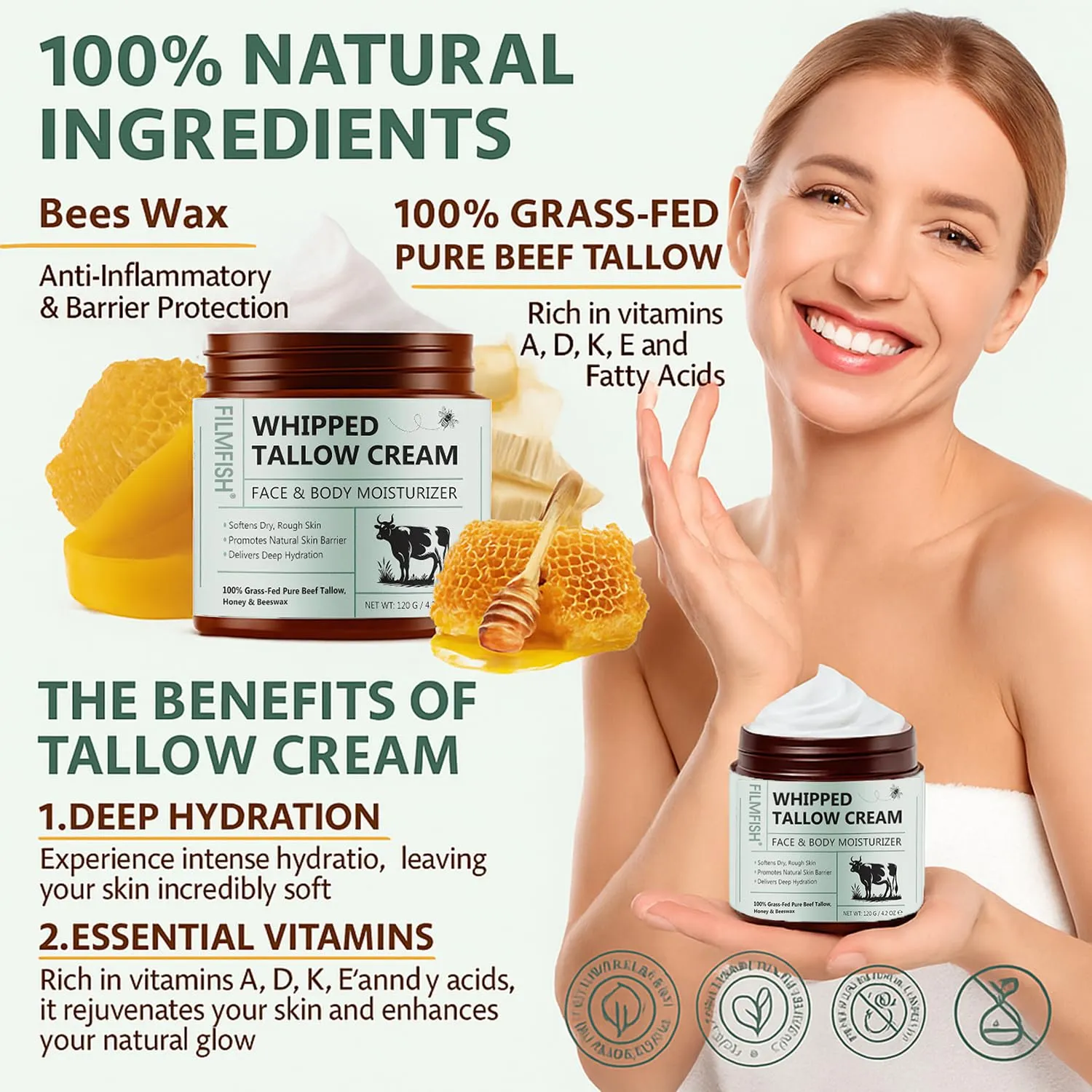Grass-Fed Tallow Balm with Honey & Beeswax Deep Moisturizing Face & Body Cream Non-Comedogenic, Fragrance-Free For Dry Sensitive Skin Calms Redness 4.2 oz