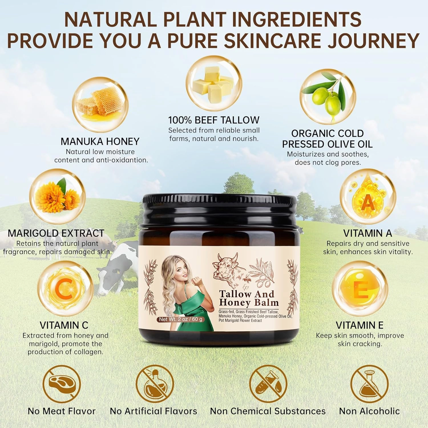 Grass Fed Beef Tallow and Honey Balm For Skin, Organic Beef Tallow Face Cream For Dry Skin, Deep Moisturizing Tallow Body Butter Lotion For Cracked Skin Care, 2 OZ Beef Tallow Moisturizer, 2 PCS.