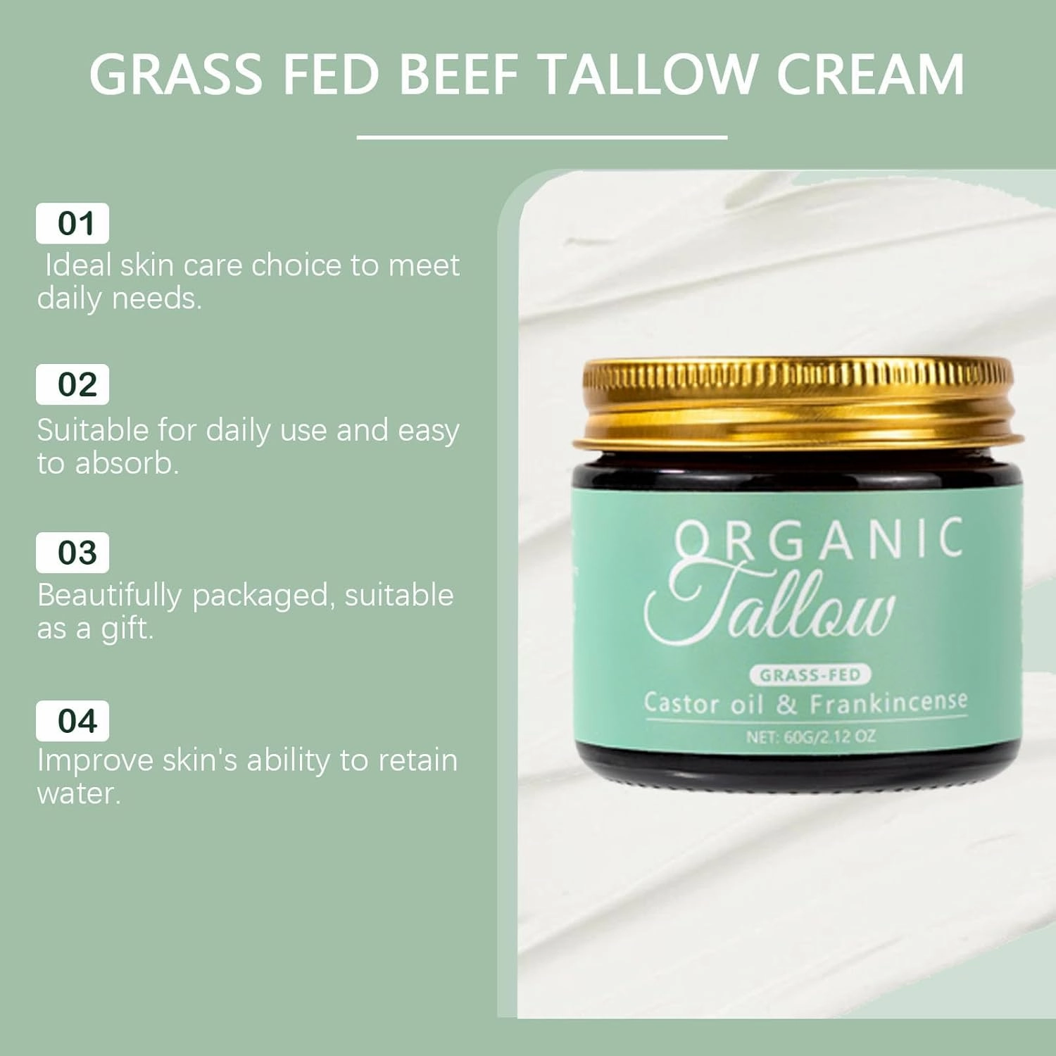 Grass-fed Beef Tallow with Frankincense Oil & Castor oil, Organic Tallow and Manuka Honey Face Moisturizer for Skin, Hydrating & Nourishing Balm for Sensitive Skin (2)