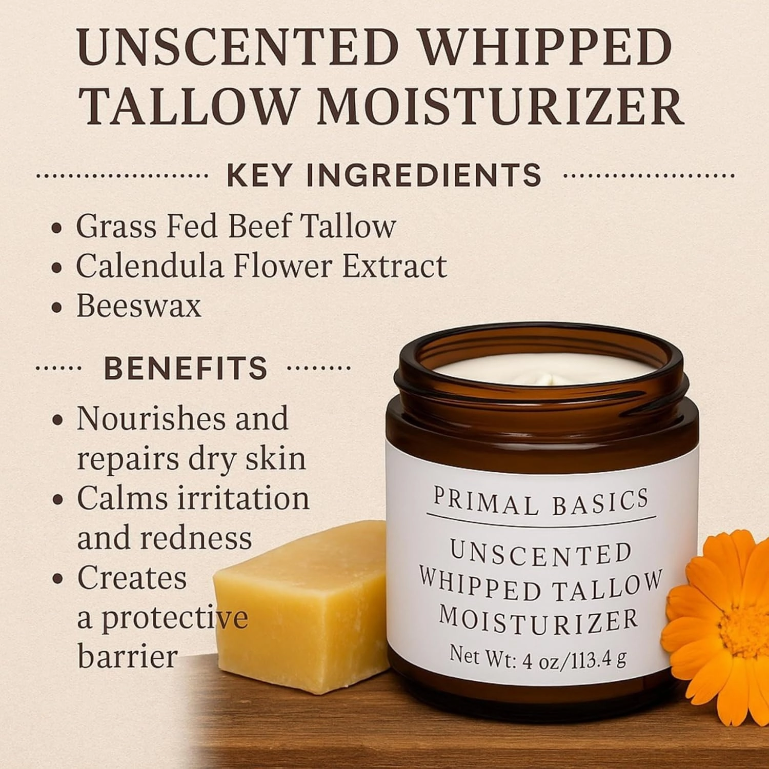 Grass Fed Grass Finished Whipped Unscented (Herb Infused with Calendula) Beef Tallow Moisturizer/Body Balm for Face, Body, Oily, Dry, Sensitive Skin -Contains Vitamins A, D, E, K