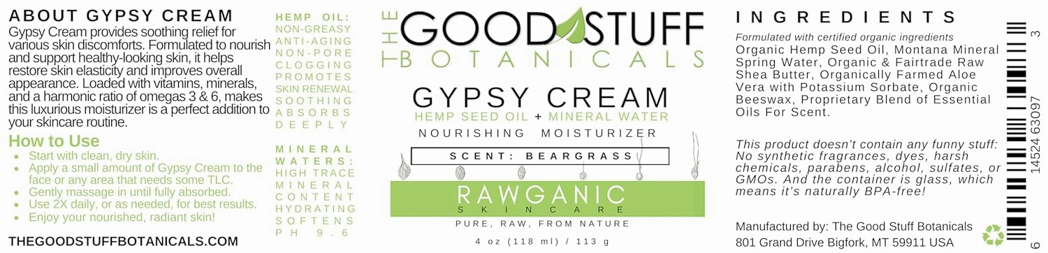 Gypsy Cream | Body and Face Moisturizer for Women | Body Cream for Dry Skin | Beargrass Body Lotion | Organic Hemp Oil & Hot Spring Water Facial Moisturizer - 4 oz