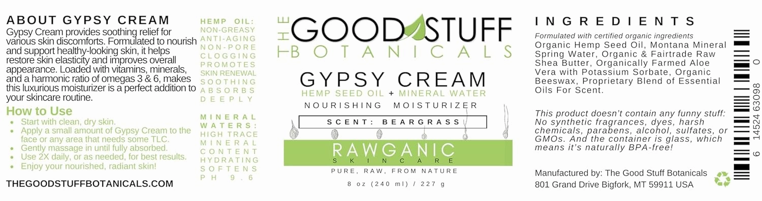 Gypsy Cream | Body and Face Moisturizer for Women | Body Cream for Dry Skin | Beargrass Body Lotion | Organic Hemp Oil & Hot Spring Water Facial Moisturizer - 8 oz