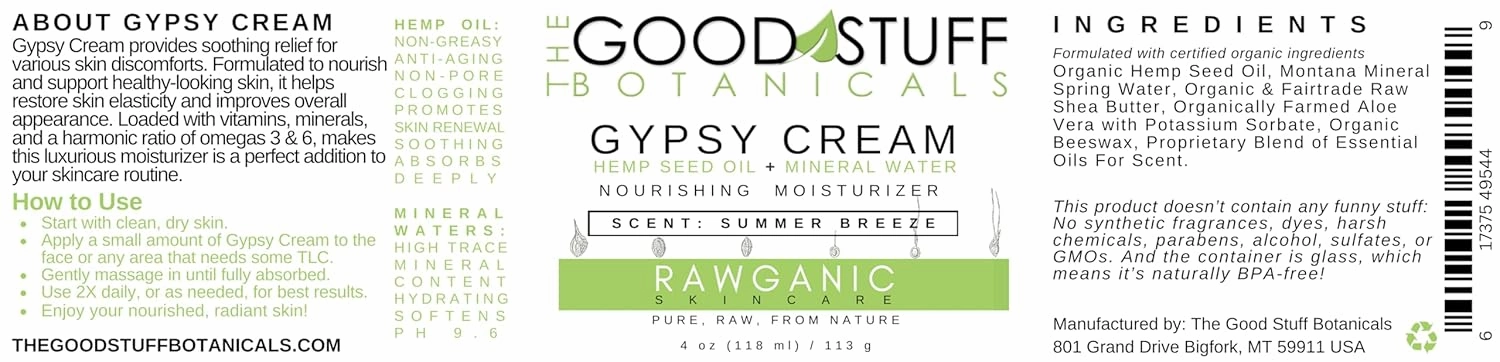 Gypsy Cream | Body and Face Moisturizer for Women | Body Cream for Dry Skin | Summer breeze Body Lotion | Organic Hemp Oil & Hot Spring Water Facial Moisturizer - 4 oz