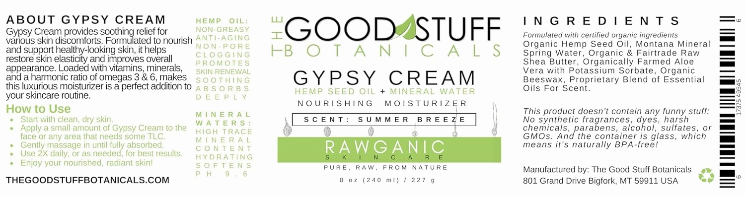 Gypsy Cream | Body and Face Moisturizer for Women | Body Cream for Dry Skin | Summer Breeze Body Lotion | Organic Hemp Oil & Hot Spring Water Facial Moisturizer - 8 oz