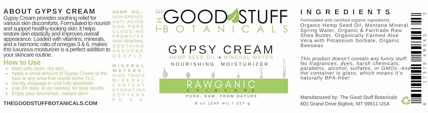Gypsy Cream | Body and Face Moisturizer for Women | Body Cream for Dry Skin | Unscented Body Lotion | Organic Hemp Oil & Hot Spring Water Facial Moisturizer - 8 oz