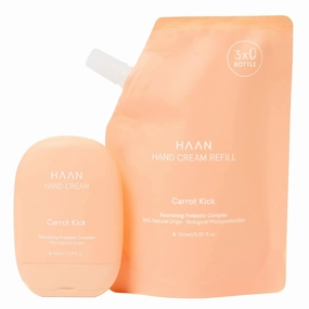 HAAN Carrot Kick Hand Cream Nourishing Moisturizer for Dry, Cracked Hands - 96% Natural Ingredients, 1 of Each 1.69 fl.oz. & Refill Bag - 5.07 fl.oz.