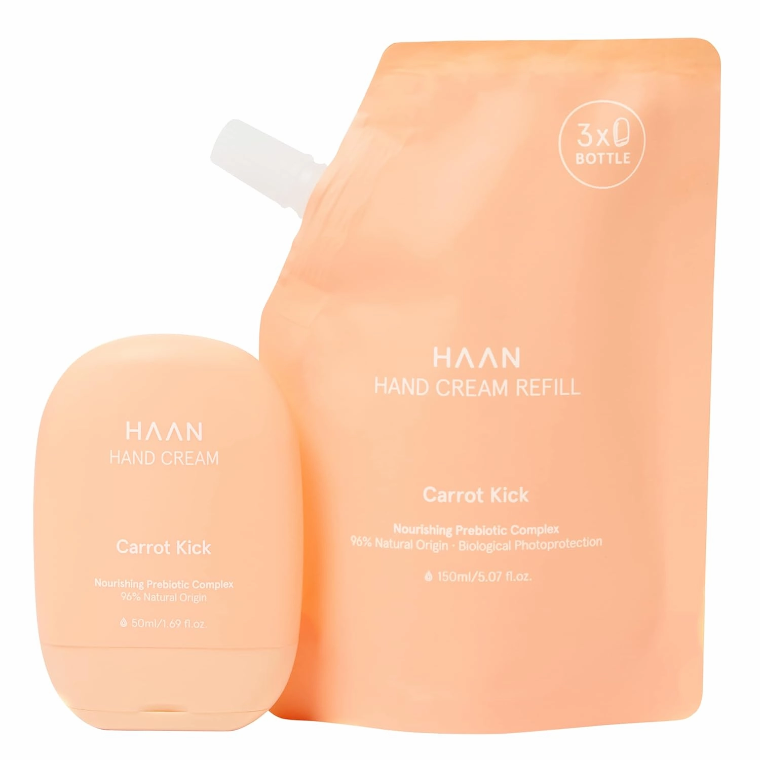 HAAN Carrot Kick Hand Cream Nourishing Moisturizer for Dry, Cracked Hands - 96% Natural Ingredients, 1 of Each 1.69 fl.oz. & Refill Bag - 5.07 fl.oz.