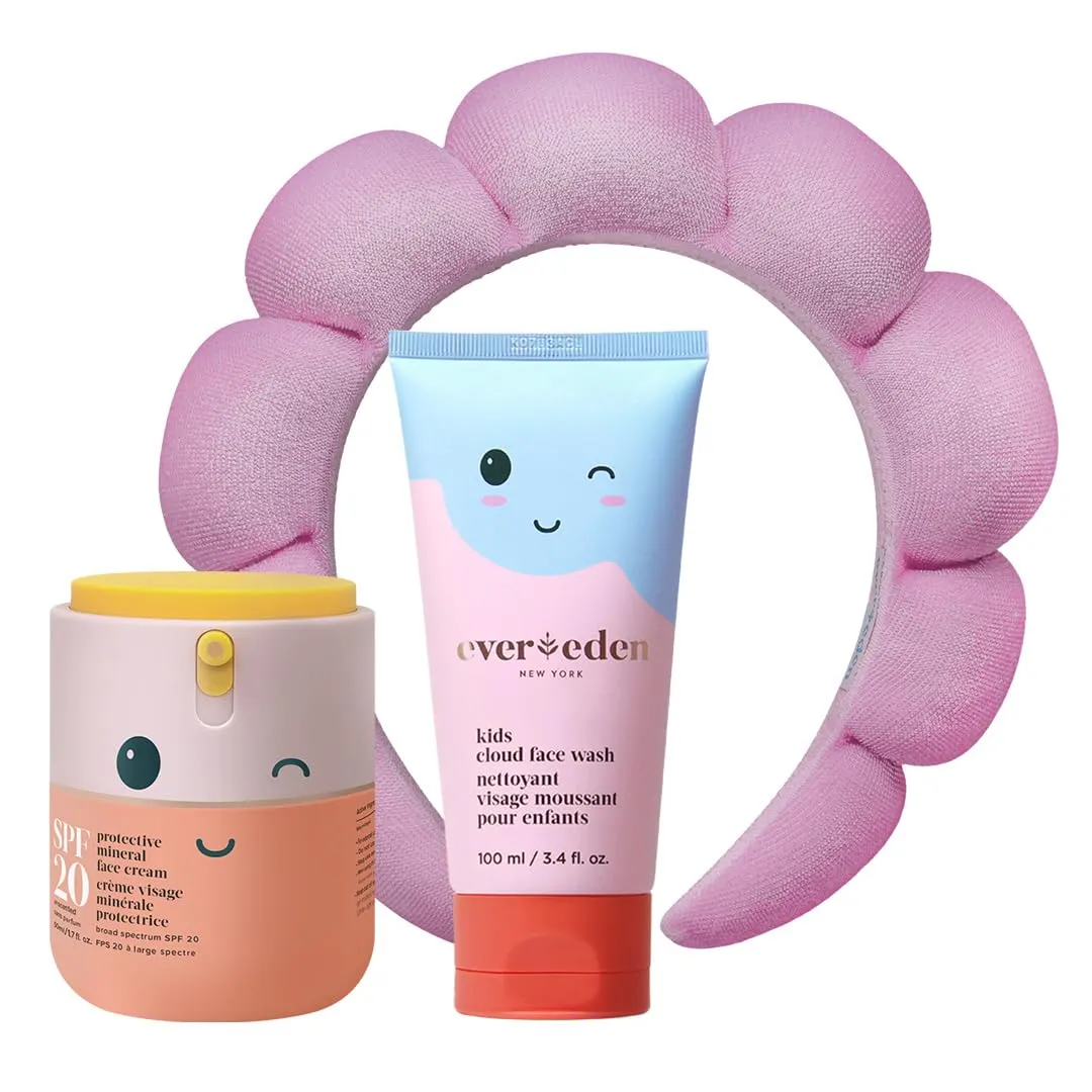 Happy Morning DUO Kids Spa Headband for Girls: Clean & Vegan Skin Care Bundle | Cloud Face Wash   SPF 20 Mineral Face Cream | Non-Toxic | Easy-to-Use Skincare