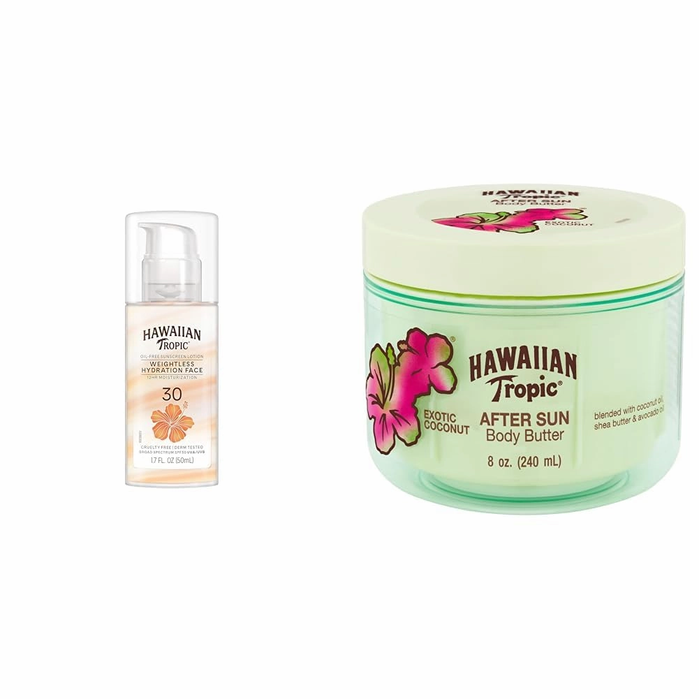 Hawaiian Tropic Weightless Hydration Lotion Sunscreen for Face SPF 30, 1.7oz | Travel Size Sunscreen & After Sun Body Butter with Coconut Oil, 8oz | After Sun Lotion