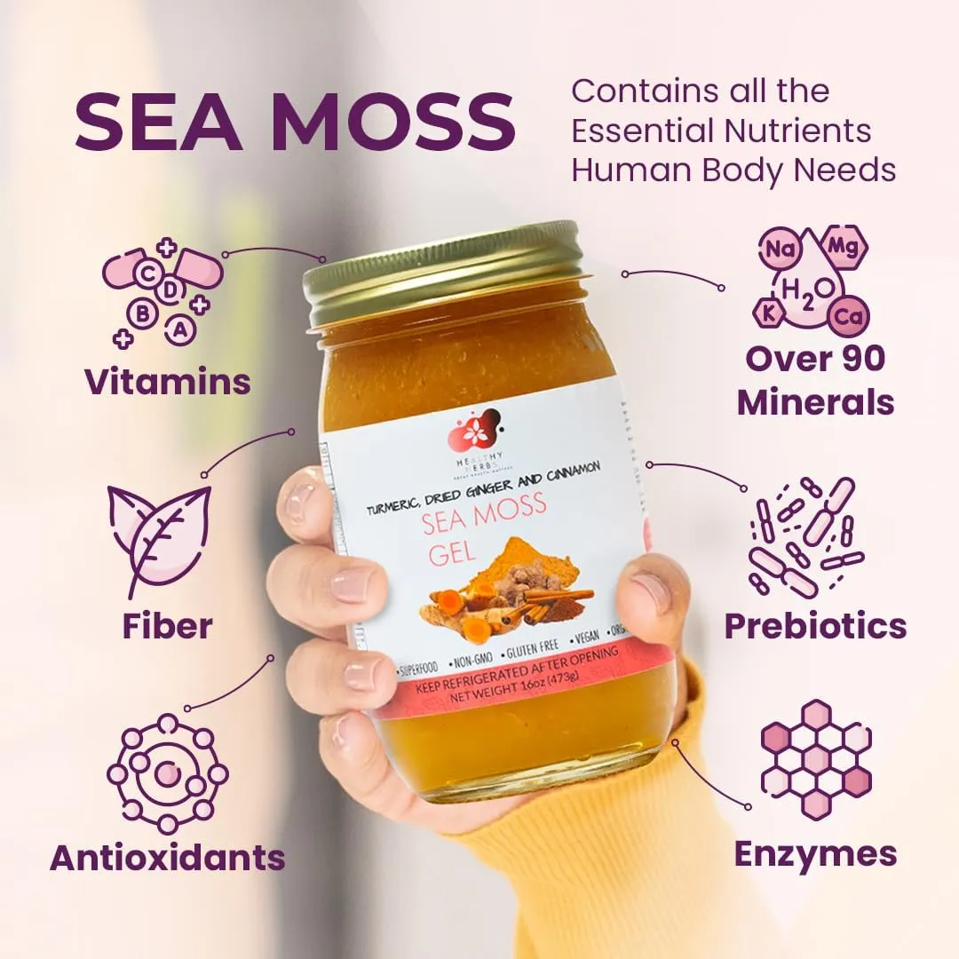 Healthy Herbs Sea Moss Gel (Turmeric) Wildcrafted from Jamaican St Lucia Gold Seamoss | Wild-Harvested Superfood With Over 90 Essential Vitamins & Minerals | Vegan, Non-GMO, US-Made (16 oz.)
