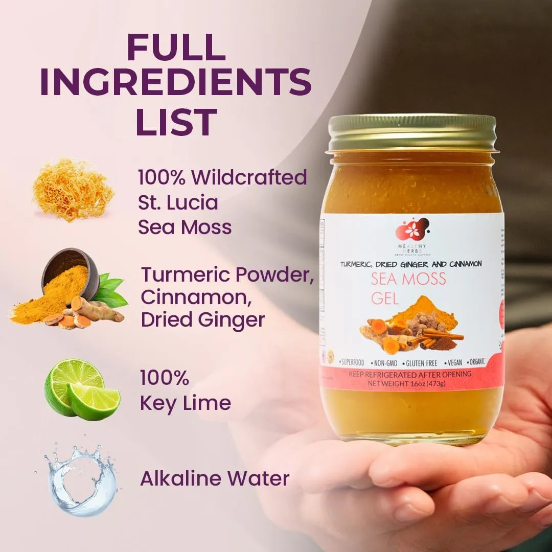 Healthy Herbs Sea Moss Gel (Turmeric) Wildcrafted from Jamaican St Lucia Gold Seamoss | Wild-Harvested Superfood With Over 90 Essential Vitamins & Minerals | Vegan, Non-GMO, US-Made (16 oz.)