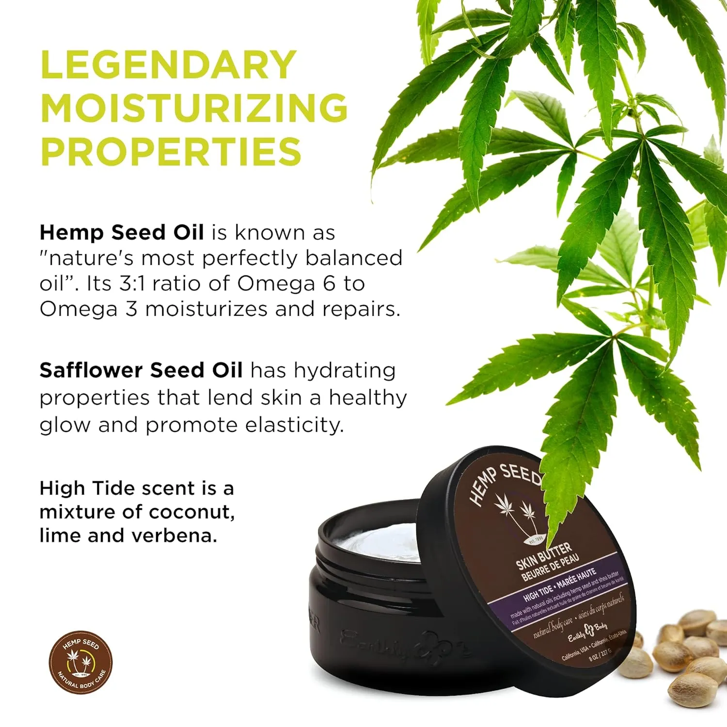Hemp Seed Skin Butter - 8 oz. - Total Body Moisturizer - Hemp Seed Oil, Jojoba Oil, Shea Butter - Vegan & Cruelty Free