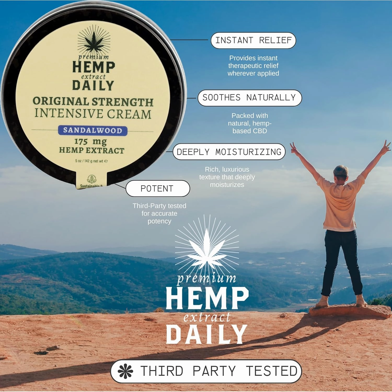 Hemp Daily Intensive Cream | Hemp Cream with Essential Oils | Vegan, Organic Ingredients | 5.0 Ounces (Sandalwood)