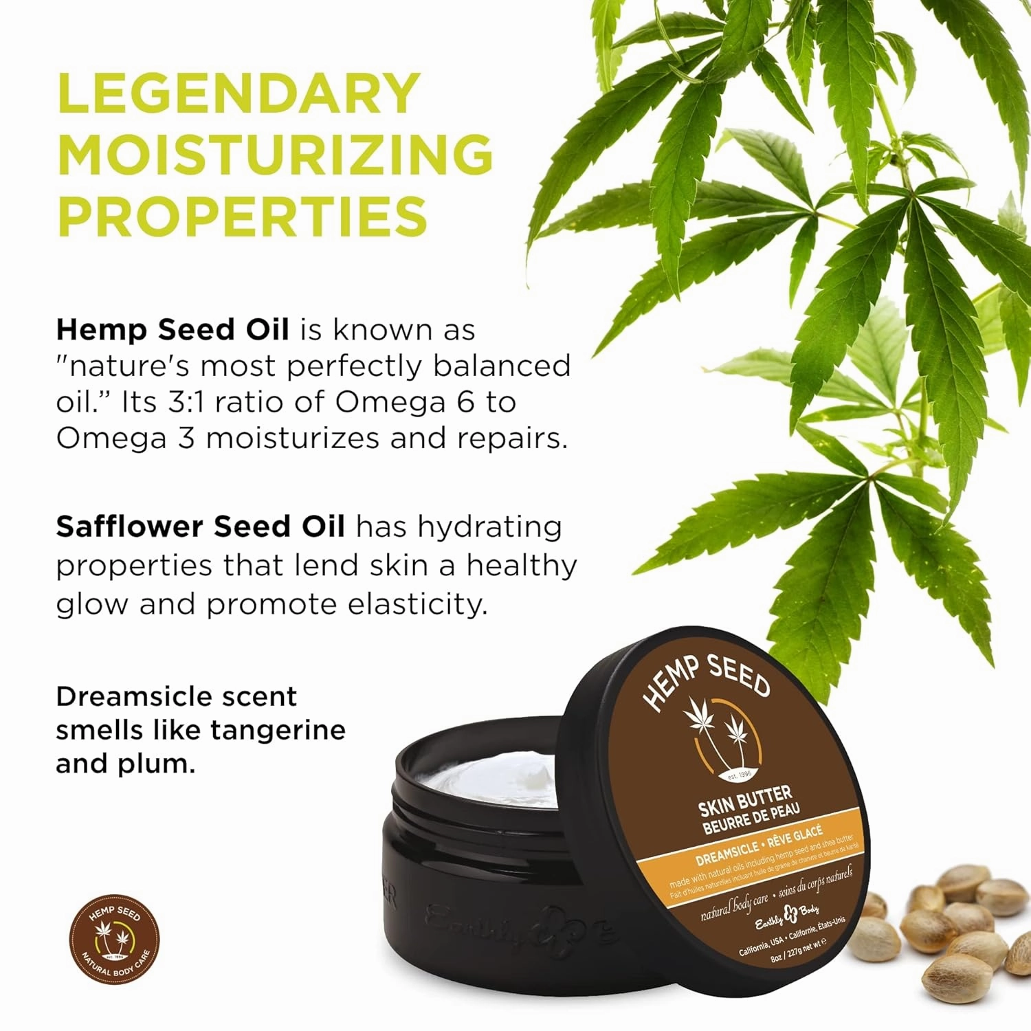 Hemp Seed Skin Butter - 8 oz. - Total Body Moisturizer - Hemp Seed Oil, Jojoba Oil, Shea Butter - Vegan & Cruelty Free