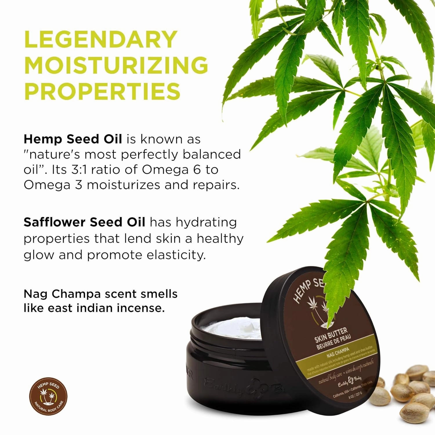 Hemp Seed Skin Butter - 8 oz. - Total Body Moisturizer - Hemp Seed Oil, Jojoba Oil, Shea Butter - Vegan & Cruelty Free
