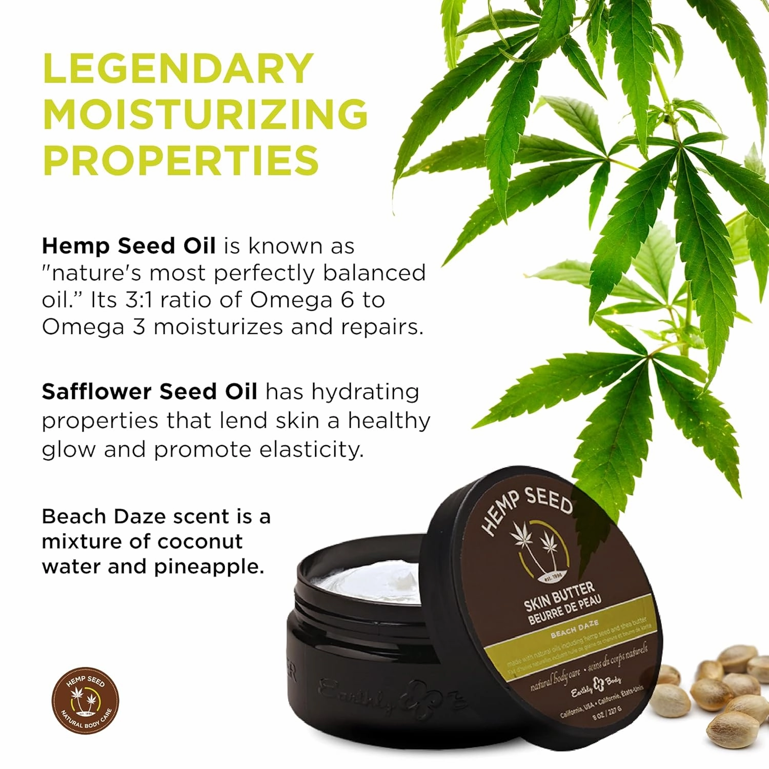 Hemp Seed Skin Butter - 8 oz. - Total Body Moisturizer - Hemp Seed Oil, Jojoba Oil, Shea Butter - Vegan & Cruelty Free