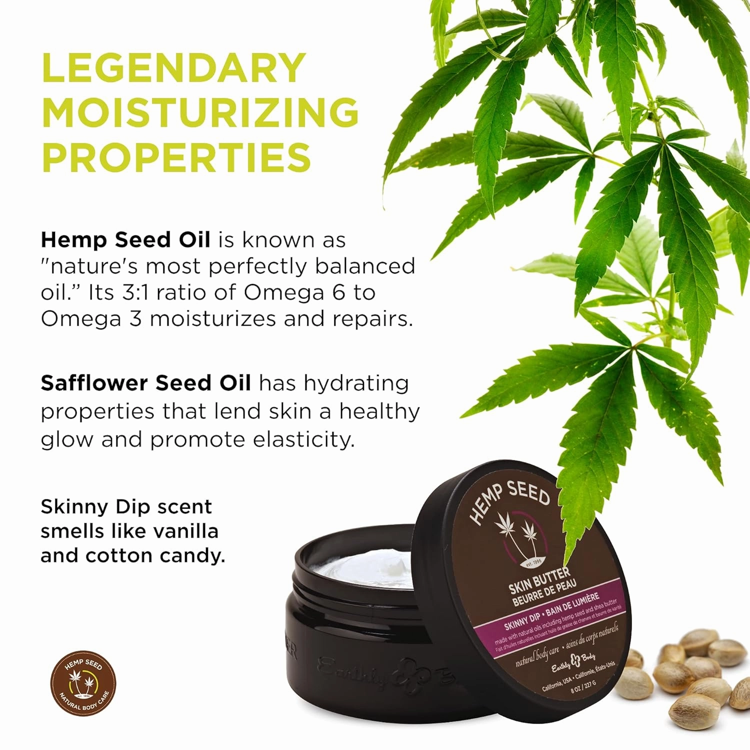 Hemp Seed Skin Butter - 8 oz. - Total Body Moisturizer - Hemp Seed Oil, Jojoba Oil, Shea Butter - Vegan & Cruelty Free