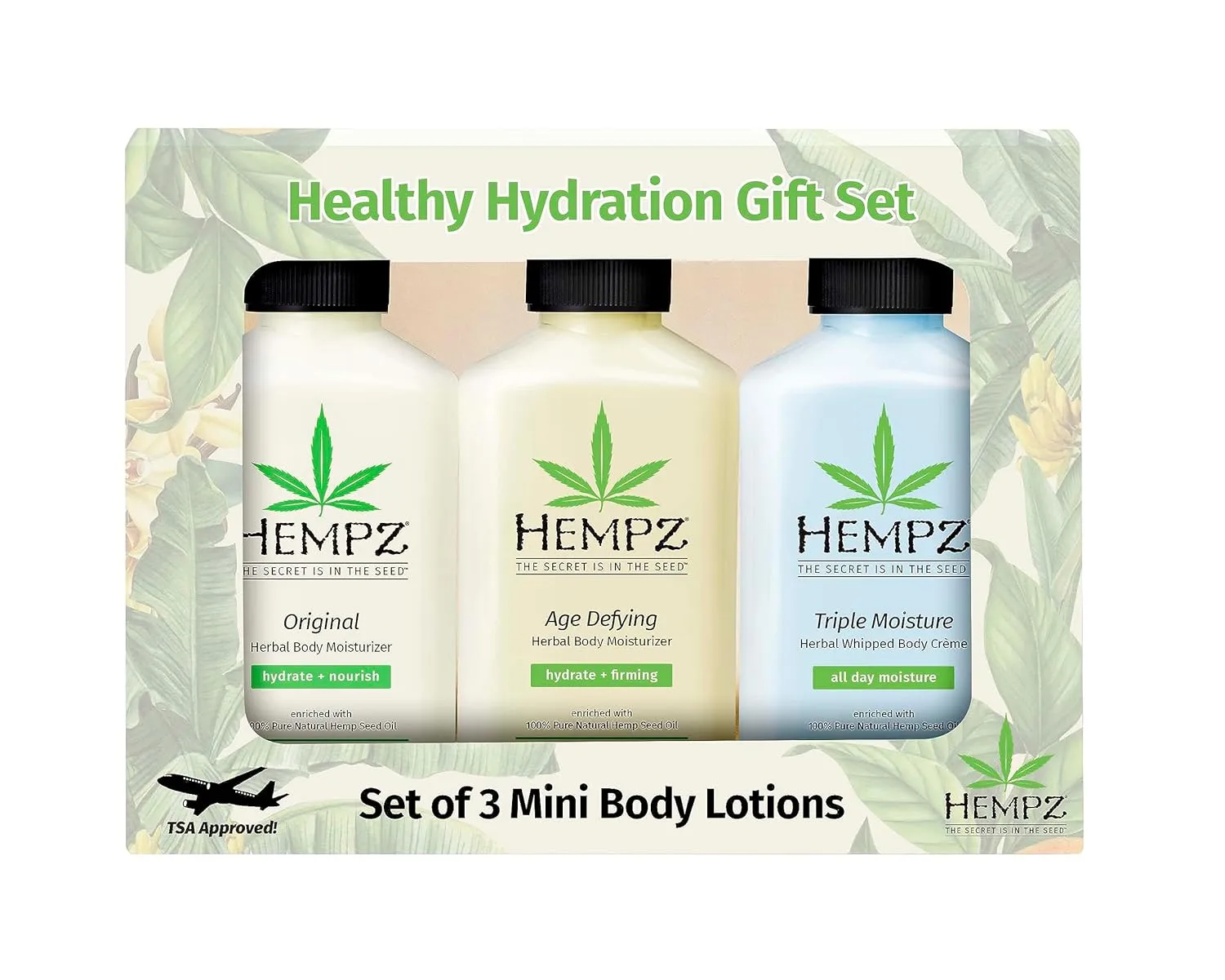 Hempz Healthy Hydration Triple Moisture, Age Defying, & Original (2.25 Oz, 3-Pack) Body Moisturizing Lotion Gift Set – Mini Scented Travel Cream Skin Care for Women & Men, Made with Shea Butter