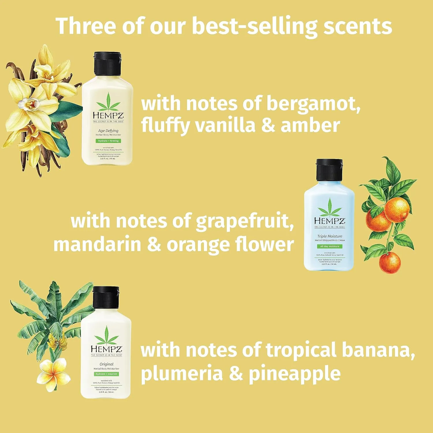 Hempz Healthy Hydration Triple Moisture, Age Defying, & Original (2.25 Oz, 3-Pack) Body Moisturizing Lotion Gift Set – Mini Scented Travel Cream Skin Care for Women & Men, Made with Shea Butter