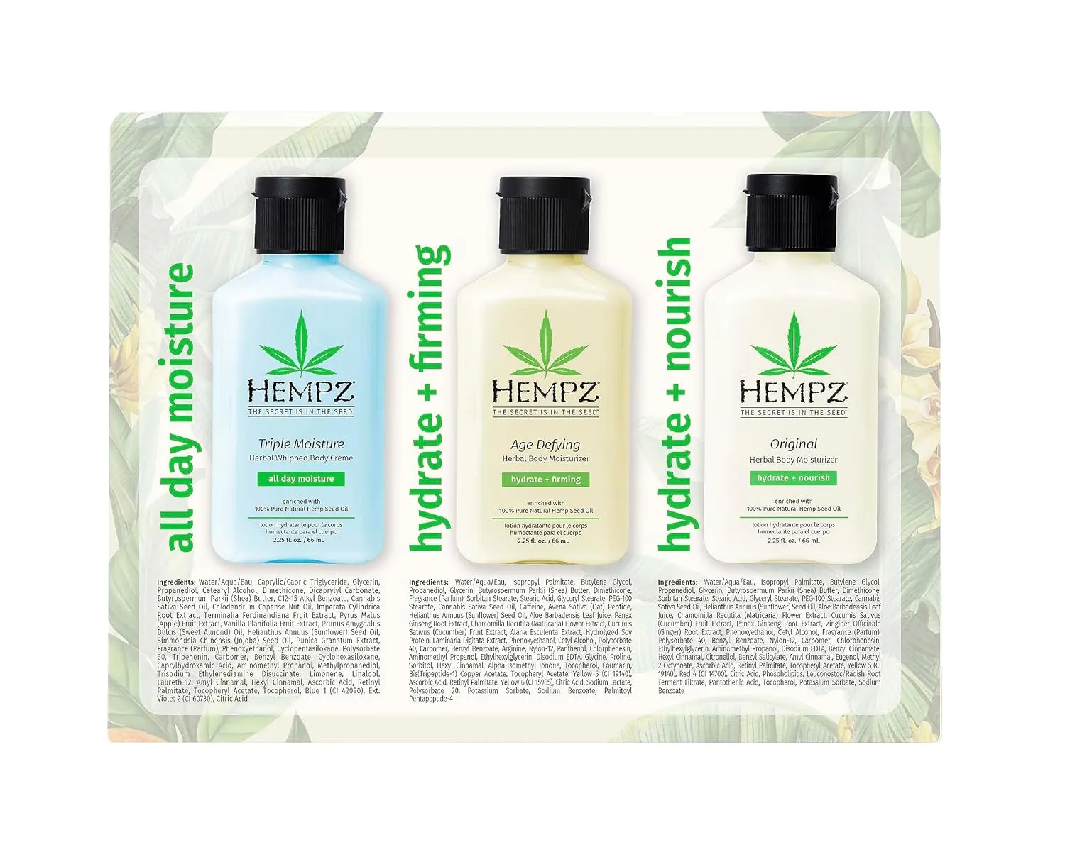 Hempz Healthy Hydration Triple Moisture, Age Defying, & Original (2.25 Oz, 3-Pack) Body Moisturizing Lotion Gift Set – Mini Scented Travel Cream Skin Care for Women & Men, Made with Shea Butter