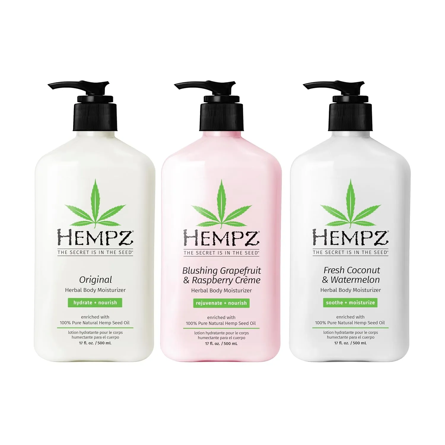 Hempz Original Herbal Body Moisturizer   Fresh Coconut & Watermelon Moisturizer   Blushing Grapefruit & Raspberry Crème Herbal Body Moisturizer, 17 Fl Oz, 3 Pack Bundle – Vitamin Infused Lotion