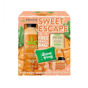 Hempz Sweet Escape Sweet Pineapple & Honey Melon Moisturizing Body Wash (17 Oz), Body Scrub (7.3 Oz), & Moisturizer (1.25 Oz) – Festive Holiday Gift Set with Travel Bag for Women or Men with Dry Skin
