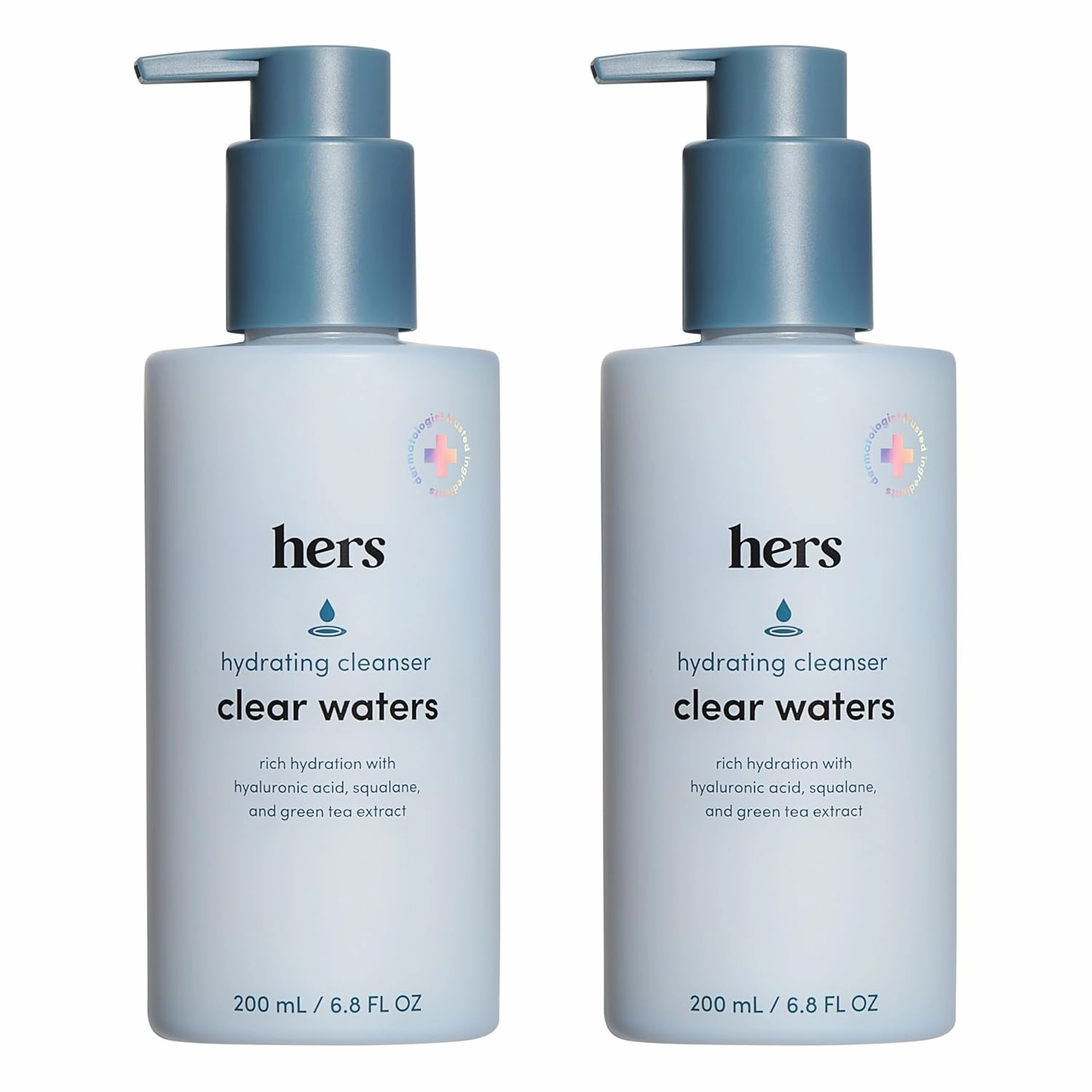 hers Clear Waters Hydrating Cleanser, 2 Pack - Skin Barrier-Protecting, Low-Foaming Facial Cleanser with Squalane, Hyaluronic Acid & Green Tea - Hydrating Face Wash for All Skin Types - 2 x 6.8 fl oz